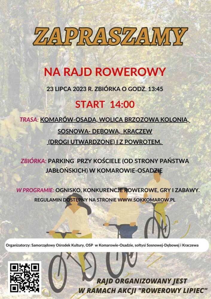 Plakat, zaproszenie, rajd rowerowy do Kraczewa, 23 lipca godz. 14.