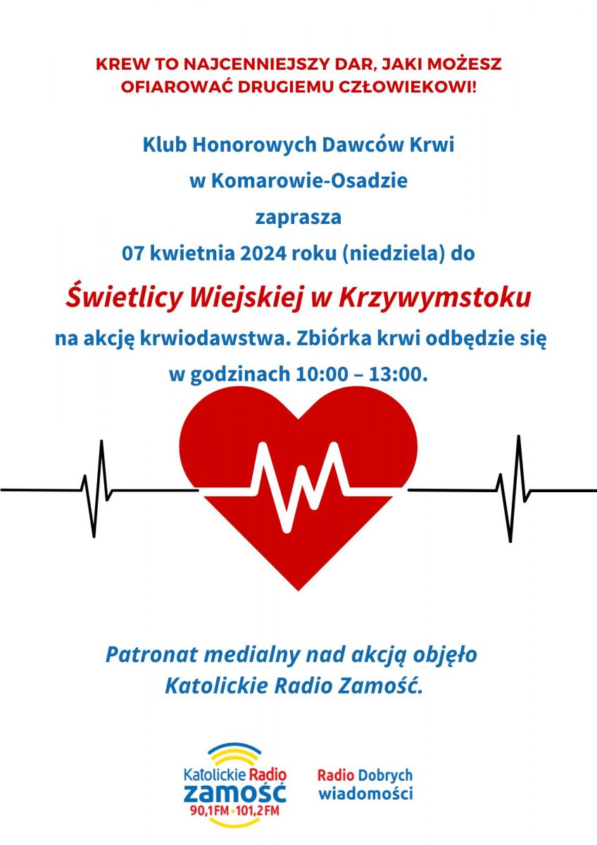 Plakat, zaproszenie do poboru krwi w Krzywymstoku, 07 kwietnia godz. 10-13