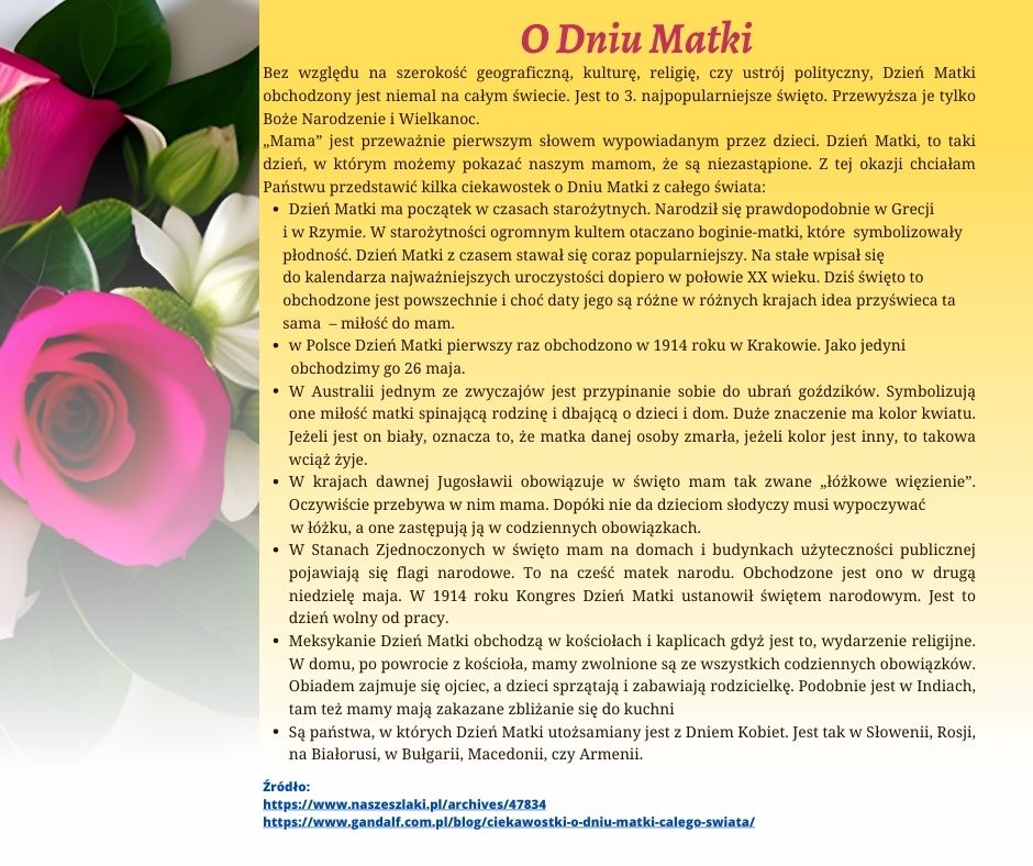Informacja o Dniu Matki, żółte tło, po lewej bukiet róż, po prawej informacja.